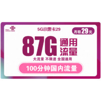 中国联通 5G小惠卡 29元每月 87G通用流量+100分钟通话