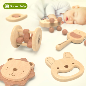 goryeobaby木质婴儿摇铃抓握益智玩具无漆无蜡木制新生儿宝宝礼物