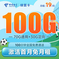 中国电信 绿茵卡 19元月租（70G通用流量+30G定向流量+100分钟通话）长期套餐 激活送40