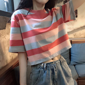 2023夏季新款韩版宽松彩虹条纹短袖T恤女学生短款露脐上衣潮H