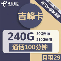 中国电信 吉峰卡 29元 210G通用流量+30G定向+100分钟通话 激活送20话费 首月免月租