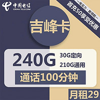中国电信 吉峰卡 29元月租（210G通用+30G定向+100分钟通话）激活送20元现金 首月免月租