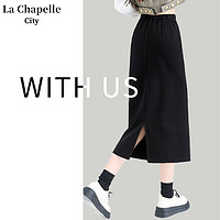 La Chapelle City 拉夏贝尔黑色休闲半裙女秋冬款2023新款运动款包臀裙子 黑-纯色 L