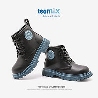 TEENMIX 天美意 童鞋儿童短靴2023春季新款中大童时尚小孩马丁靴女童皮靴子 蓝色（加绒）