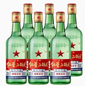 88VIP！红星 北京红星二锅头大二绿瓶56度500ml*6瓶清香型白酒纯粮 