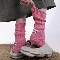 日系粉色标签纯色外穿原胚粗线针织中筒袜子男女堆堆袜ins布标袜