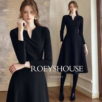 Roey s house 罗衣魔衣冬装气质黑色大摆连衣裙女时尚收腰针织打底裙