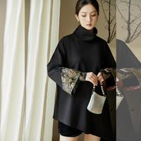 JK&JS 新中式外套上衣中国风女装复古唐装刺绣高领黑色显瘦套头宽松女装