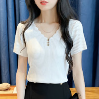 燠阳 冰丝t恤女装新款韩版纽扣V领上衣针织打底衫cj (短)袖-白色