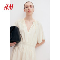 H&M HM 女装连衣裙2024夏季新款优雅气质V领短袖收腰宽松短裙1228766