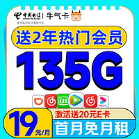 中国电信 牛气卡-19月租-135G流量+送两年热门会员 （激活送40E卡）