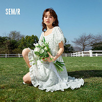 Semir 森马 衣裙女方领泡泡袖文艺清新夏温柔肌理碎花裙森系美拉德