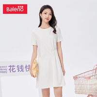 Baleno 班尼路 春夏款女装纯色日系抽褶圆领黑色优雅高级显瘦短袖连衣裙