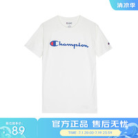 Champion 草写logo纯色圆领男女同款短袖T恤 白色