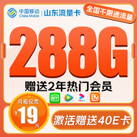 中国移动 CHINA MOBILE 山东流量卡-2-6月19元/月（288G不限速+热门视频会员赠2年）