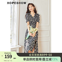 HOPESHOW 红袖 超好看气质连衣裙夏季女装开叉V领设计感小众显瘦显白碎花裙 黑底花658 S