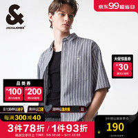 杰克琼斯 杰克·琼斯（JACK&JONES）夏季男士衬衣略宽松版型条纹休闲文艺风短袖衬衫224204037 深蓝色E40 常规 深蓝色E40 M