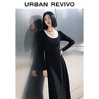 URBAN REVIVO UR2024春季女装时尚撞色圆领中长款长袖连衣裙UWG740019 正黑 XS