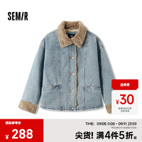 Semir 森马 牛仔棉服女拼接毛领美式复古毛边夹克街头潮流 牛仔浅中蓝88601