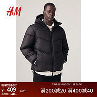 H&M 男装棉服休闲宽松版型疏水保暖棉衣外套1172866 黑色