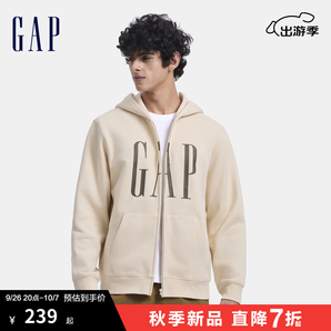 Gap男女装2024秋季新款印花字母logo抓绒连帽卫衣休闲外套660128 米色 180/100A(XL) 亚洲尺码